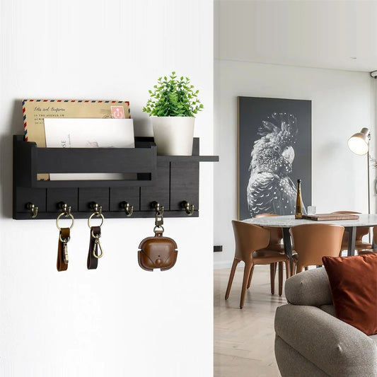 Porte-clés décoratif et organisateur de courrier avec 6 crochets pour clés, porte-clés en bois rustique mural avec étagère pour salon et entrée by Sirius Flow