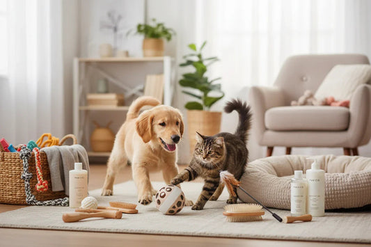 Chiot golden retriever et chat jouant avec jouets et accessoires pour animaux dans salon lumineux