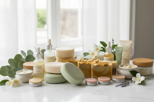 Produits de beauté naturels avec shampoings solides, crèmes, savons et fleurs sur fond lumineux