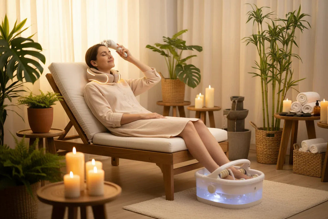 Femme relaxante sur chaise longue avec massage visage, bain de pieds, bougies et plantes zen
