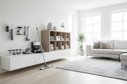 Salon lumineux avec mobilier moderne, outils de nettoyage organisés et sol en bois clair