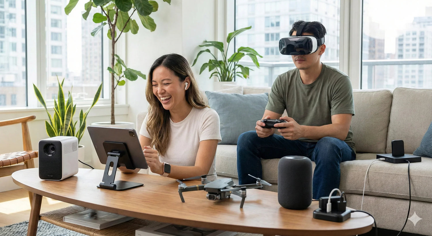 Couple utilisant casque VR et tablette dans un salon moderne, avec drone, enceinte et plantes