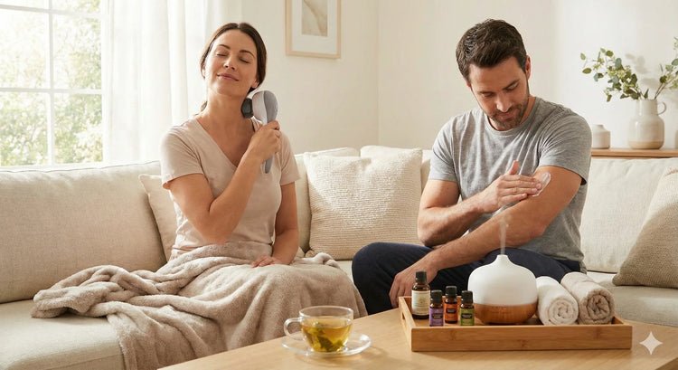 Couple à la maison utilisant appareil de bien-être pour massage et huiles essentielles avec diffuseur