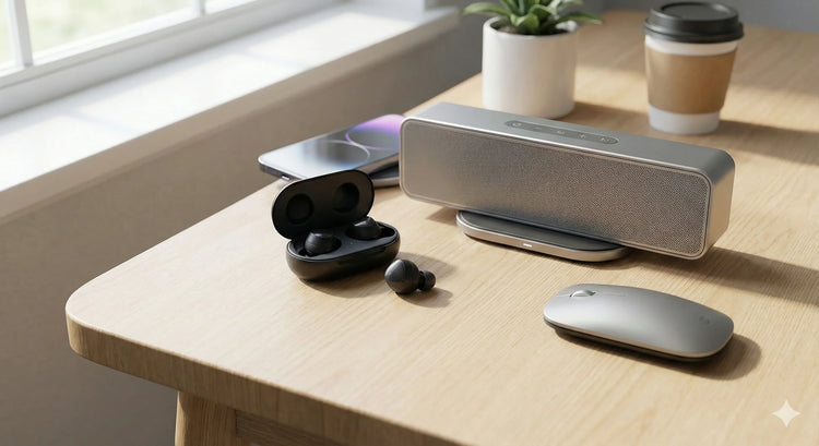 Écouteurs sans fil noirs, enceinte portable, souris et smartphone sur bureau en bois clair près d'une fenêtre