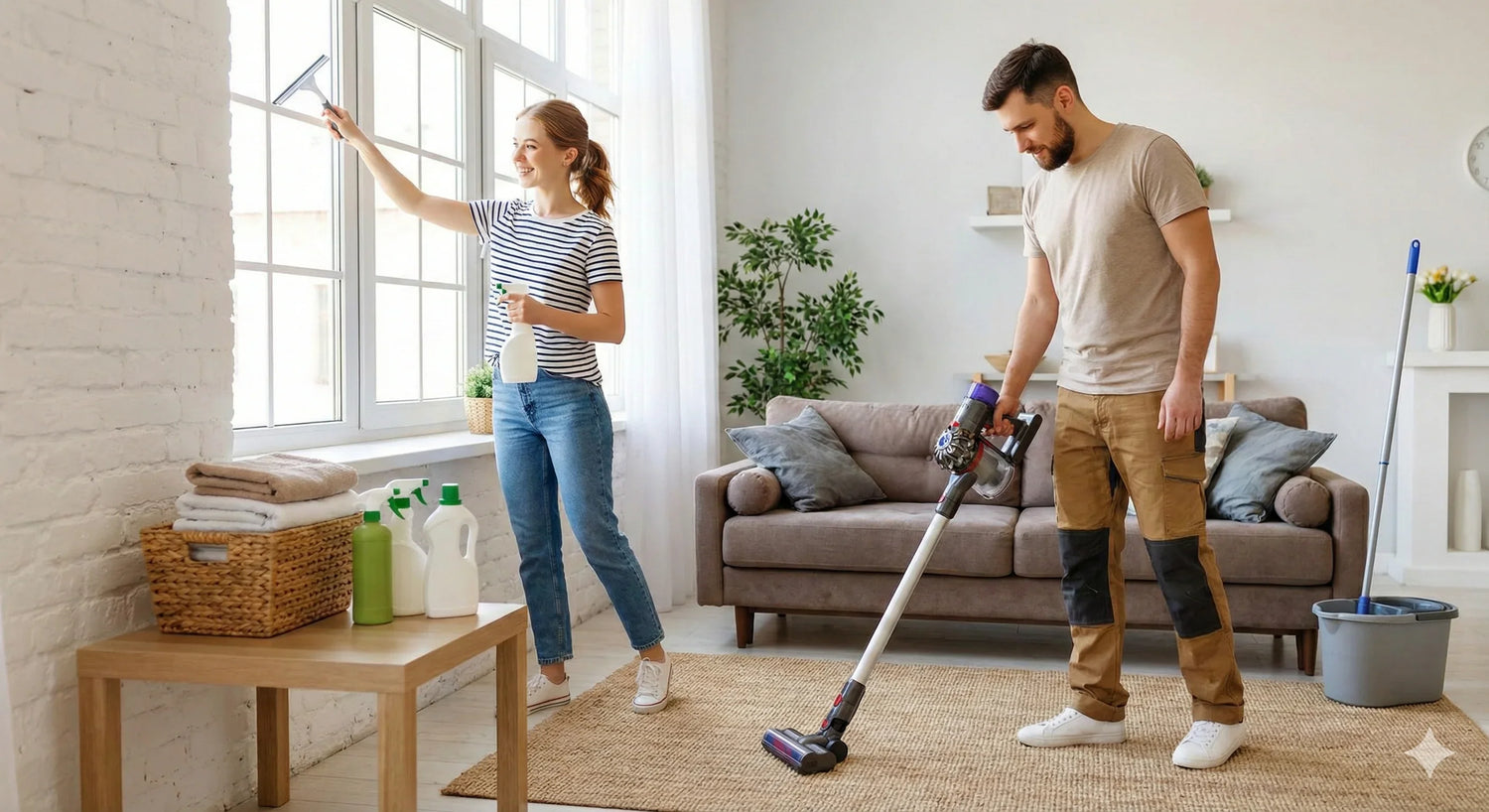 Couple nettoyant un salon moderne avec aspirateur sans fil et spray pour vitres en journée lumineuse