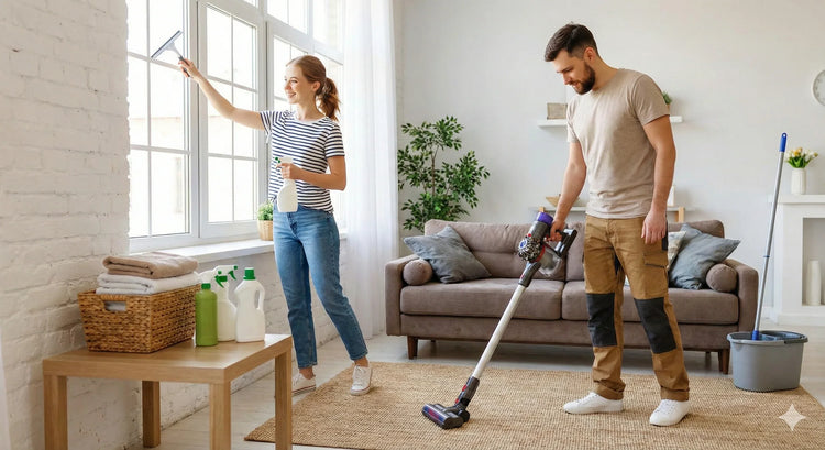 Couple nettoyant un salon moderne avec aspirateur sans fil et spray pour vitres en journée lumineuse