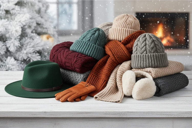 Accessoires d'hiver en laine comprenant bonnets, écharpe, gants, cache-oreilles et chapeau vert près d'une cheminée allumée