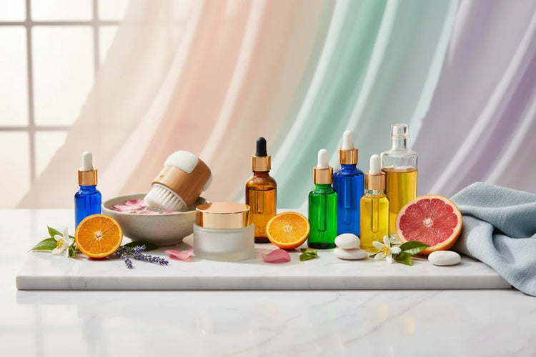 Produits de beauté naturels : flacons d'huiles essentielles, crème, agrumes, brosse visage sur fond doux coloré
