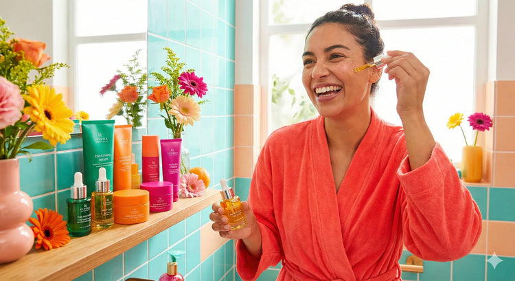Femme souriante en peignoir orange appliquant un sérum visage dans une salle de bain colorée avec produits et fleurs
