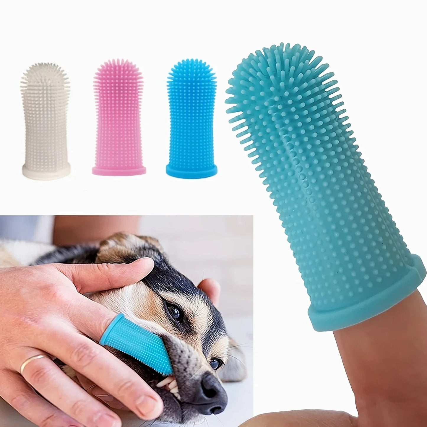 Doigtier en silicone avec picots pour nettoyer les dents des chiens, couleurs blanc, rose, bleu