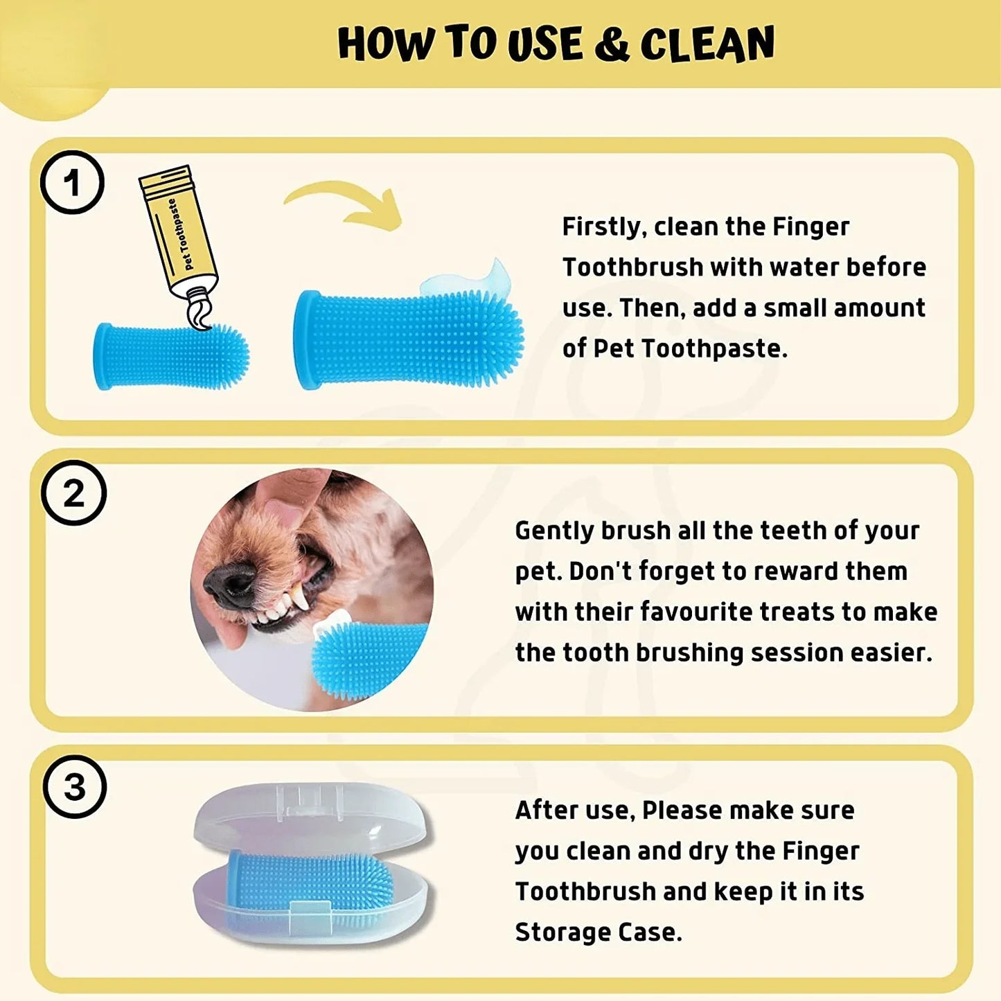 Instructions pour utiliser et nettoyer la brosse à dents doigt pour animaux avec dentifrice spécifiquement pour animaux