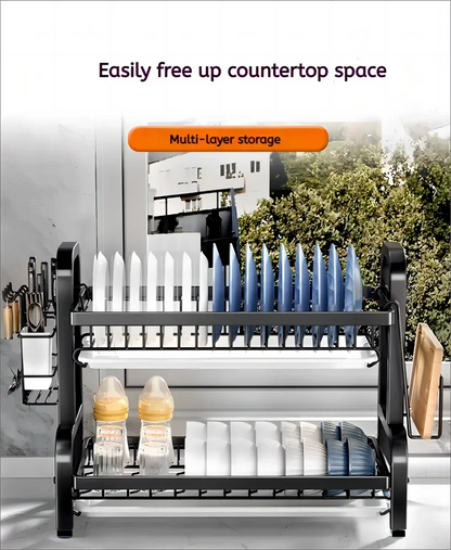 Égouttoir à vaisselle Compact à 2 niveaux, ensemble de égouttoir à vaisselle de cuisine, grand égouttoir à vaisselle antirouille avec porte-ustensiles by Sirius Flow