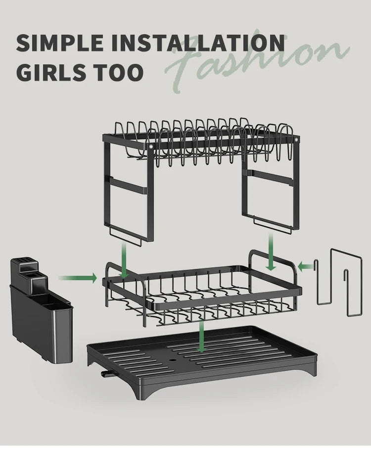 Égouttoir à vaisselle à 2 niveaux, Égouttoir à couverts avec bec verseur et égouttoir, Porte-couverts, Porte-gobelet, Étagère de rangement pour comptoir de cuisine by Sirius Flow