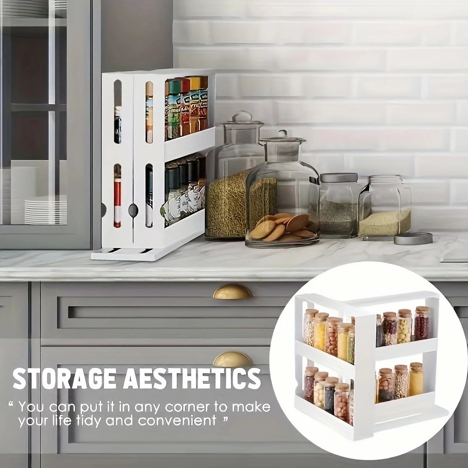 Support de stockage d'épices 1 pièce, support de stockage d'articles pivotant à 90 degrés, support de rangement à 2 niveaux sur comptoir, petit support de rangement et organisateur by Sirius Flow