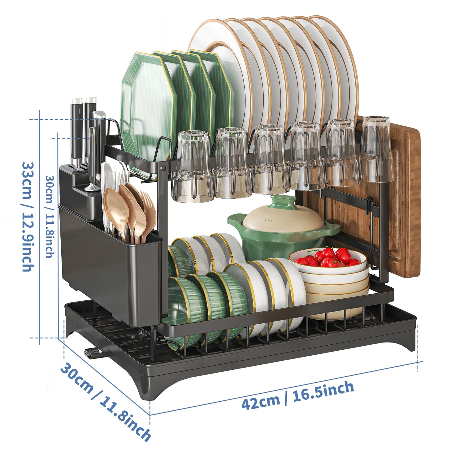 Égouttoir à vaisselle à 2 niveaux, Égouttoir à couverts avec bec verseur et égouttoir, Porte-couverts, Porte-gobelet, Étagère de rangement pour comptoir de cuisine by Sirius Flow