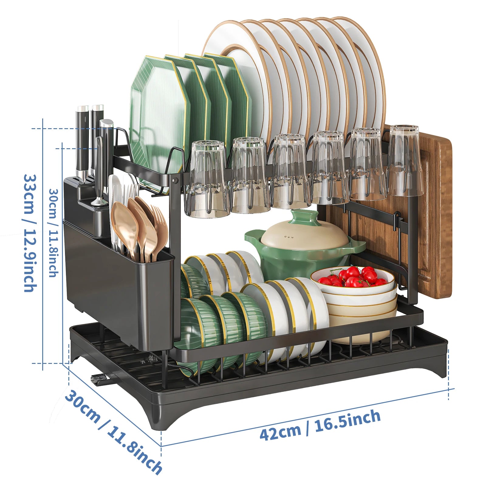 Égouttoir à vaisselle à 2 niveaux, Égouttoir à couverts avec bec verseur et égouttoir, Porte-couverts, Porte-gobelet, Étagère de rangement pour comptoir de cuisine by Sirius Flow