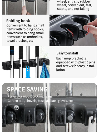 Support mural pour balai et serpillière en plastique, étagère multifonctionnelle, rangement de cuisine à domicile, noir magique, 3, 4/5 positions by Sirius Flow