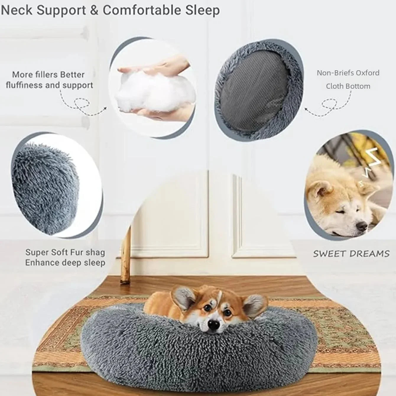 Lit rond en peluche super doux pour animaux de compagnie, lit pour grand chien, maison pour chat, long, moyen, sommeil chaud, hiver, 40-90cm by Sirius Flow