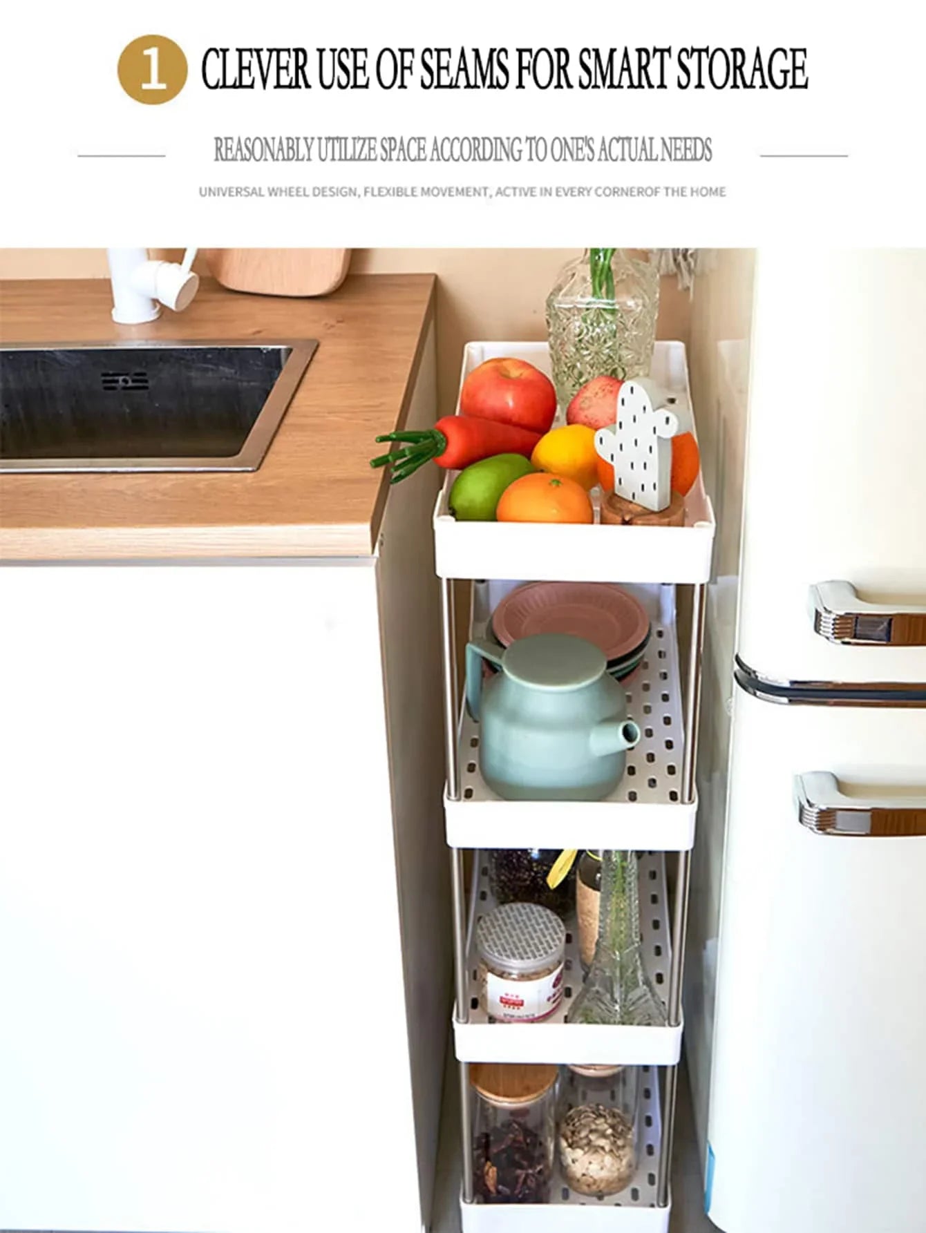 Support de rangement à espace mobile à 3/4 niveaux, chariot utilitaire roulant, étagère de rangement, cuisine salle de bains, organisateur coulissant mince, étagère de salon by Sirius Flow