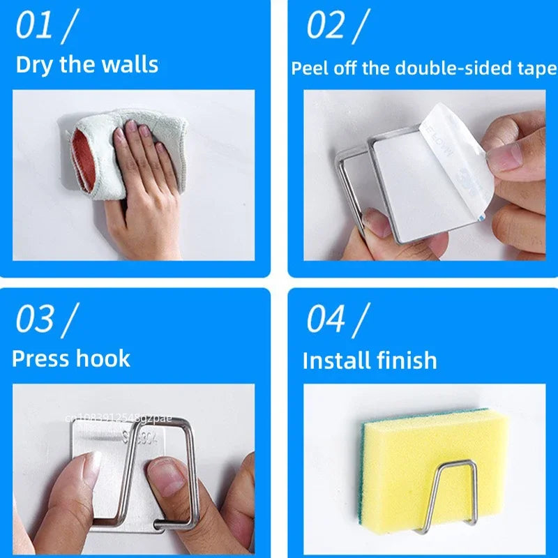 Porte-éponges d'évier de cuisine en acier inoxydable, égouttoir auto-adhésif, support de séchage, crochets muraux de cuisine, organisateur de rangement d'accessoires by Sirius Flow