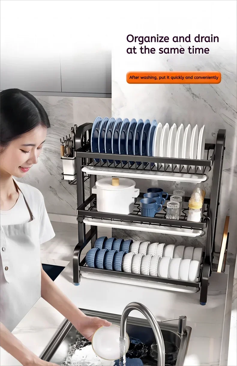 Égouttoir à vaisselle Compact à 2 niveaux, ensemble de égouttoir à vaisselle de cuisine, grand égouttoir à vaisselle antirouille avec porte-ustensiles by Sirius Flow