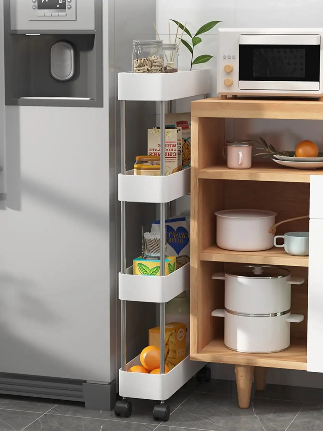 Support de rangement à espace mobile à 3/4 niveaux, chariot utilitaire roulant, étagère de rangement, cuisine salle de bains, organisateur coulissant mince, étagère de salon by Sirius Flow