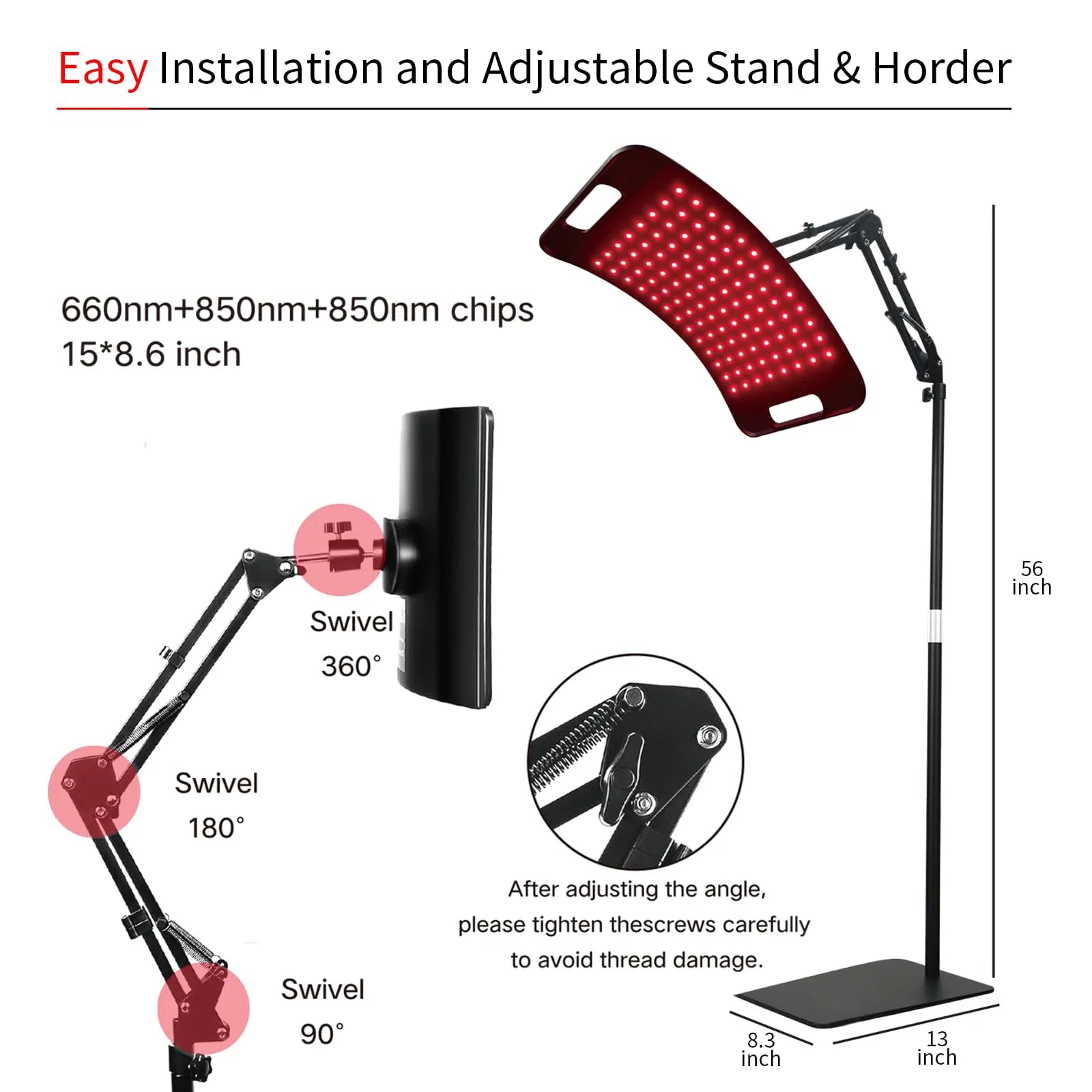 Lampe de luminothérapie rouge, dispositif de lumière infrarouge proche profonde de 660 et 850 nm avec support réglable et support de bureau pour le visage et le corps complet by Sirius Flow