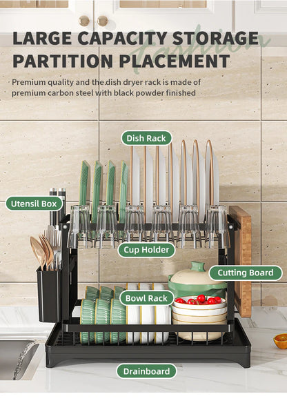 Égouttoir à vaisselle à 2 niveaux, Égouttoir à couverts avec bec verseur et égouttoir, Porte-couverts, Porte-gobelet, Étagère de rangement pour comptoir de cuisine by Sirius Flow