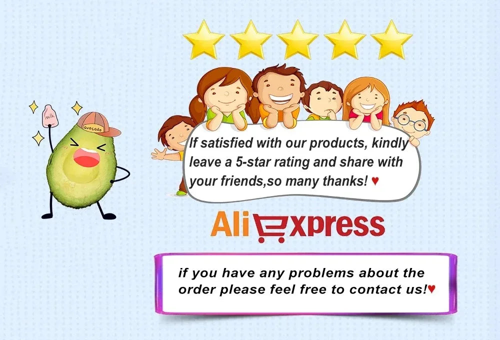 Illustration avec un avocat joyeux, cinq enfants, cinq étoiles, texte demandant une évaluation 5 étoiles sur AliExpress