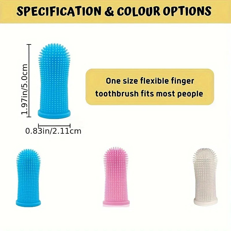 Brosse à dents flexible pour doigt, dimensions 5x2 cm, disponible en bleu, rose et blanc