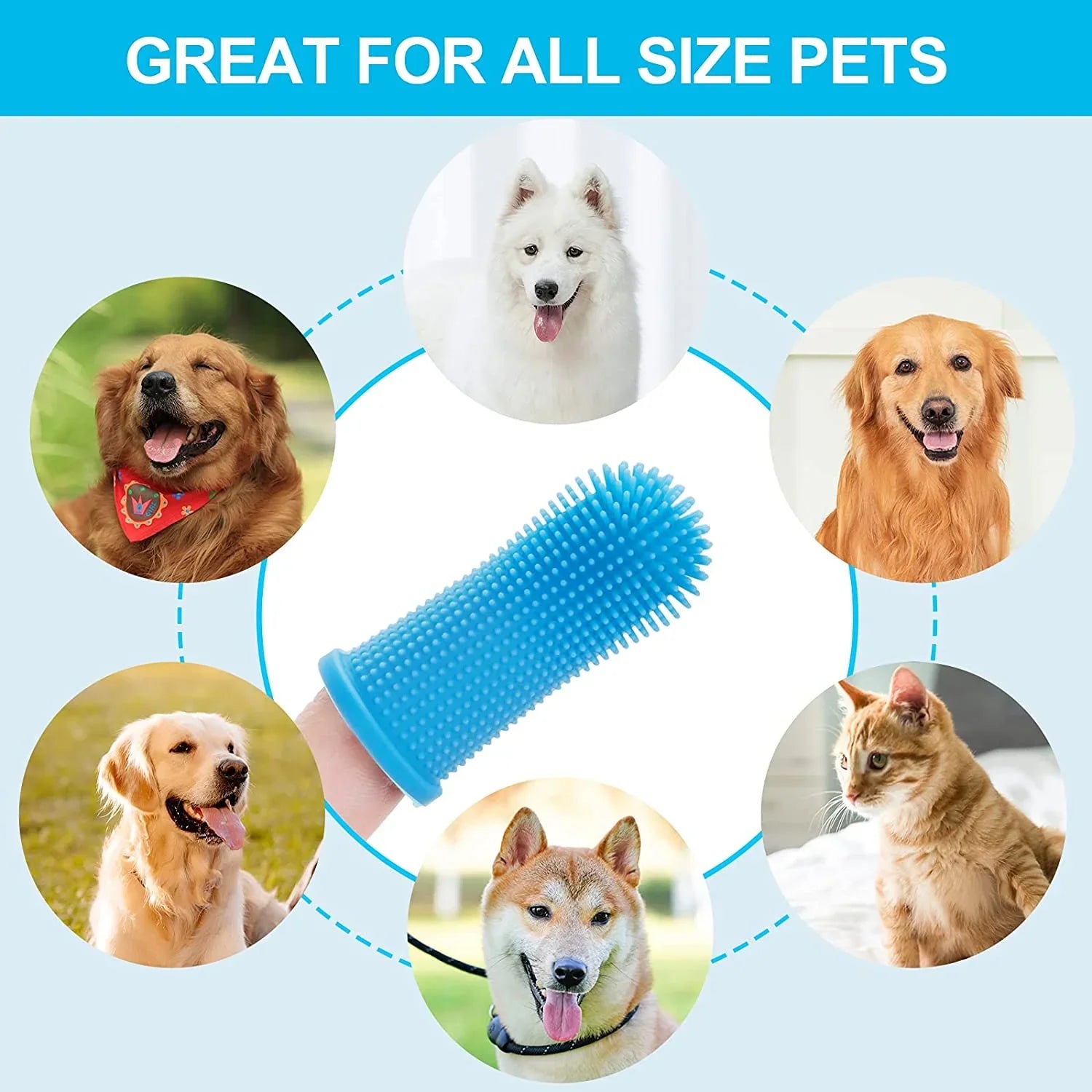 Gant de toilettage bleu en silicone pour chiens et chats de toutes tailles, avec images de différents animaux